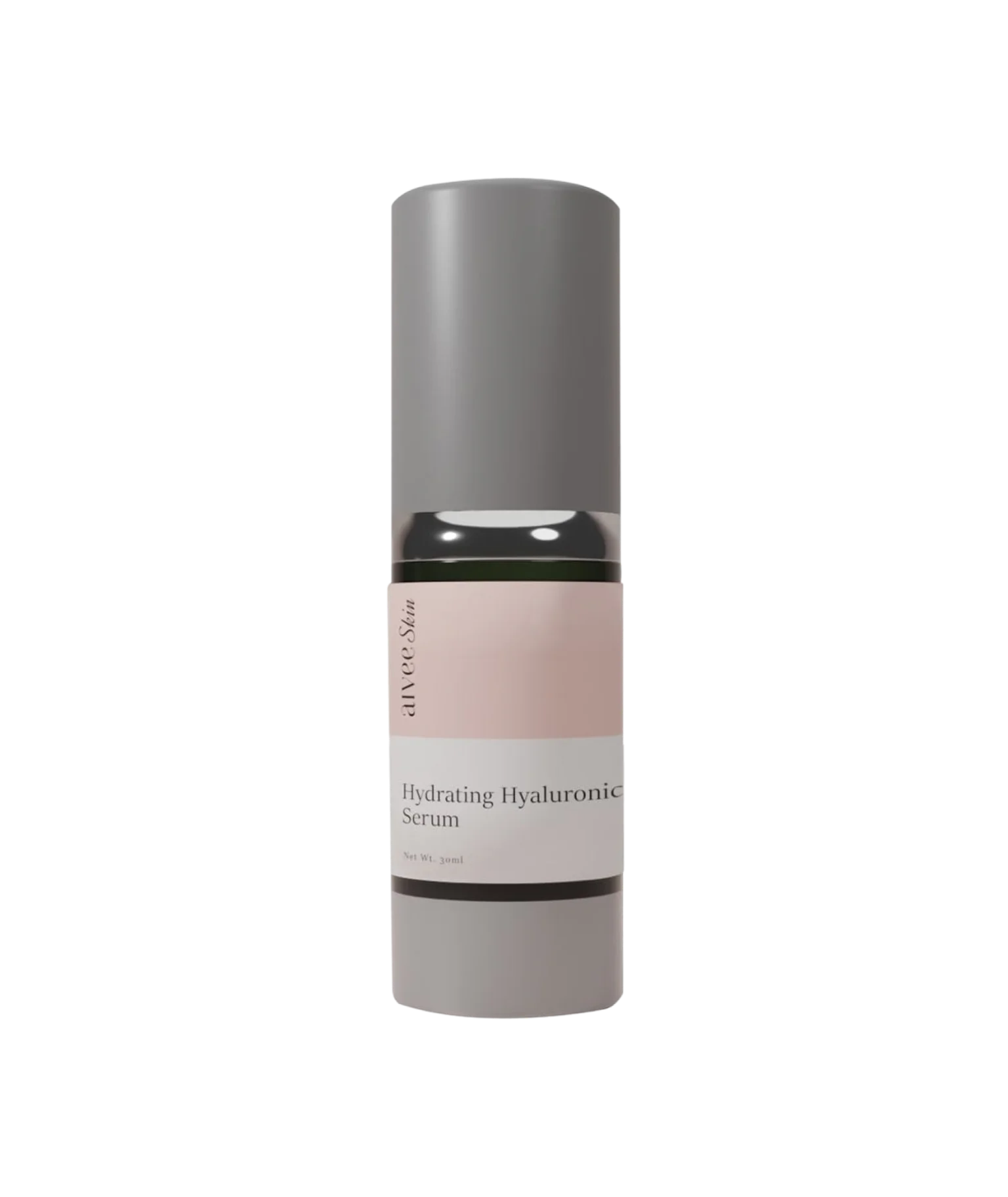 Hydrating Hyaluronic Serum grey pump bottle with a peach label against a soft cream backdrop