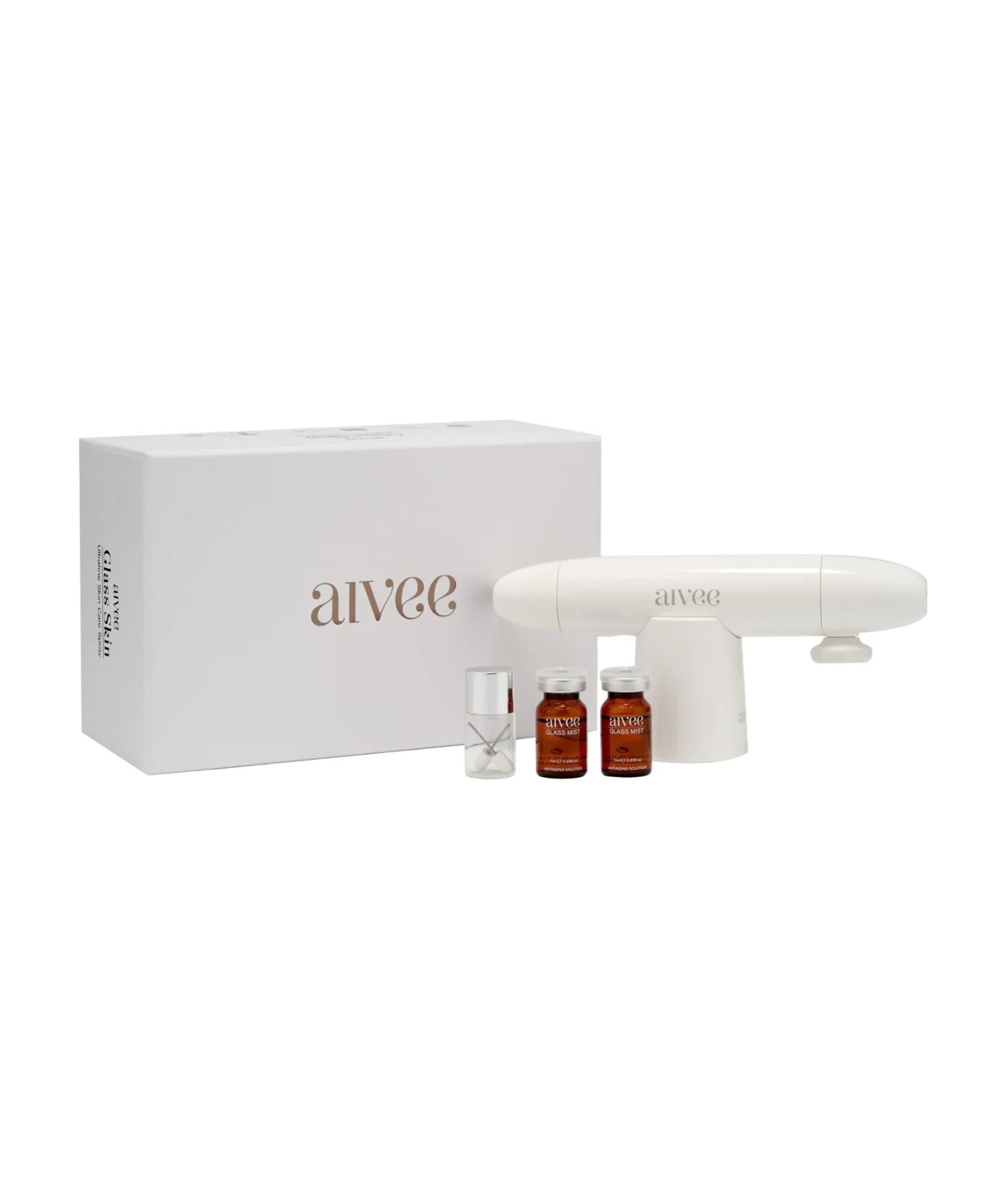 Aivee Glass device with Glass Mist brightening ampoules against a soft white backdrop