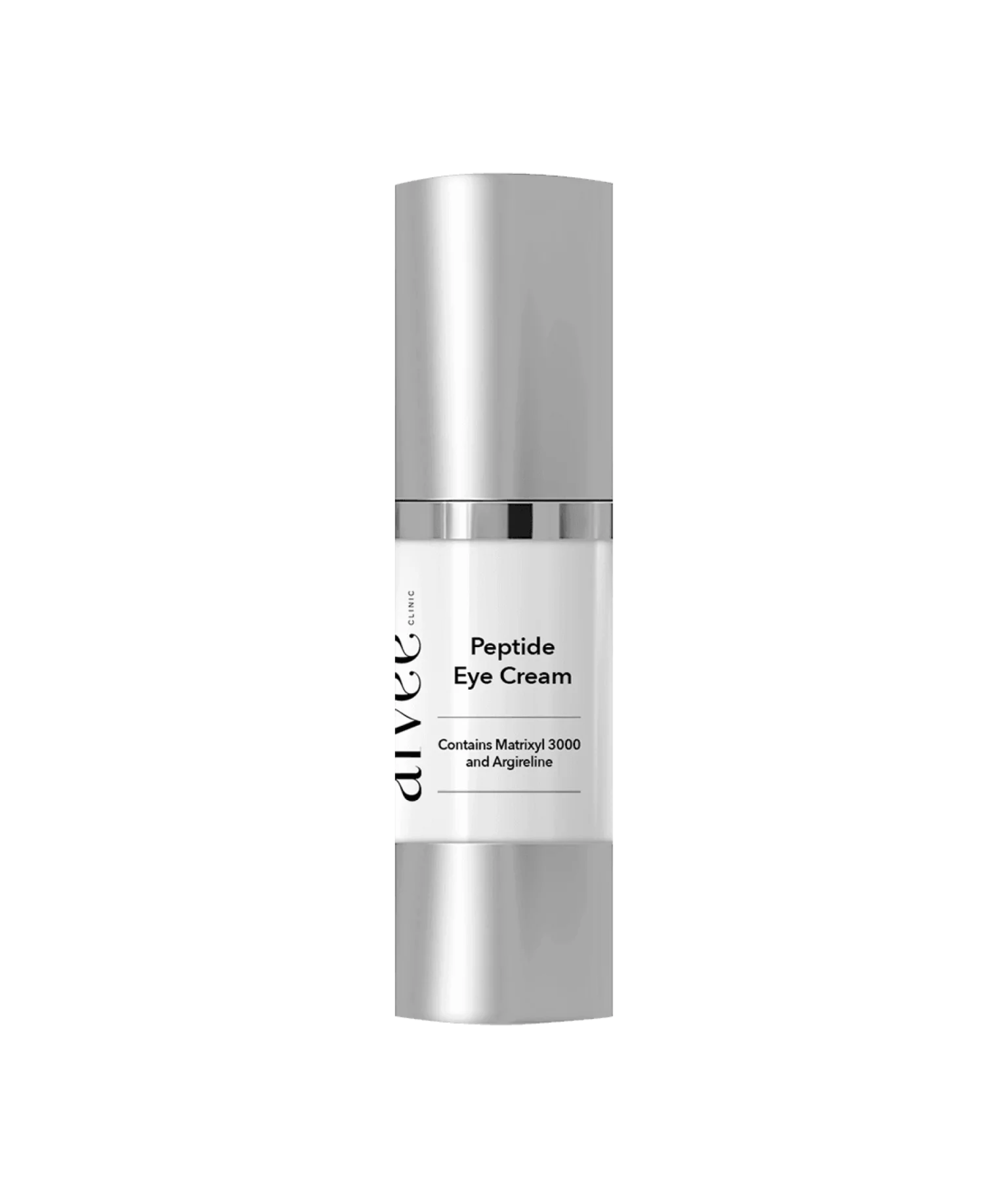 Peptide Eye Cream silver pump bottle with a white label against a soft cream backdrop