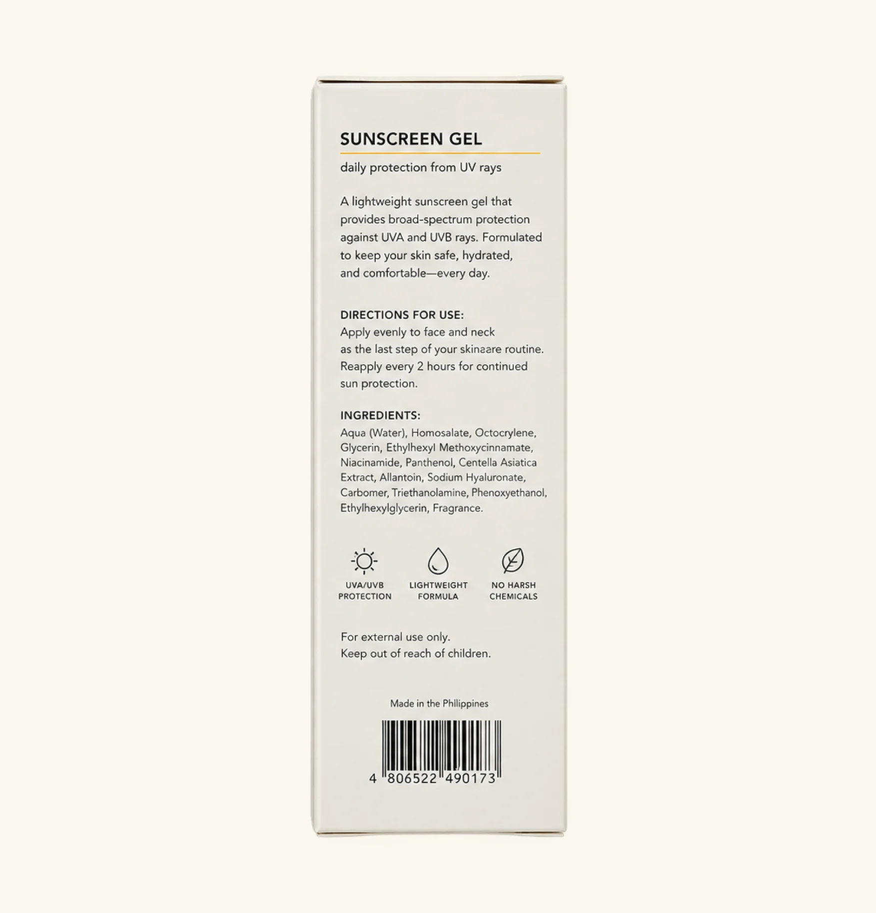 Sunscreen Gel white box, Back